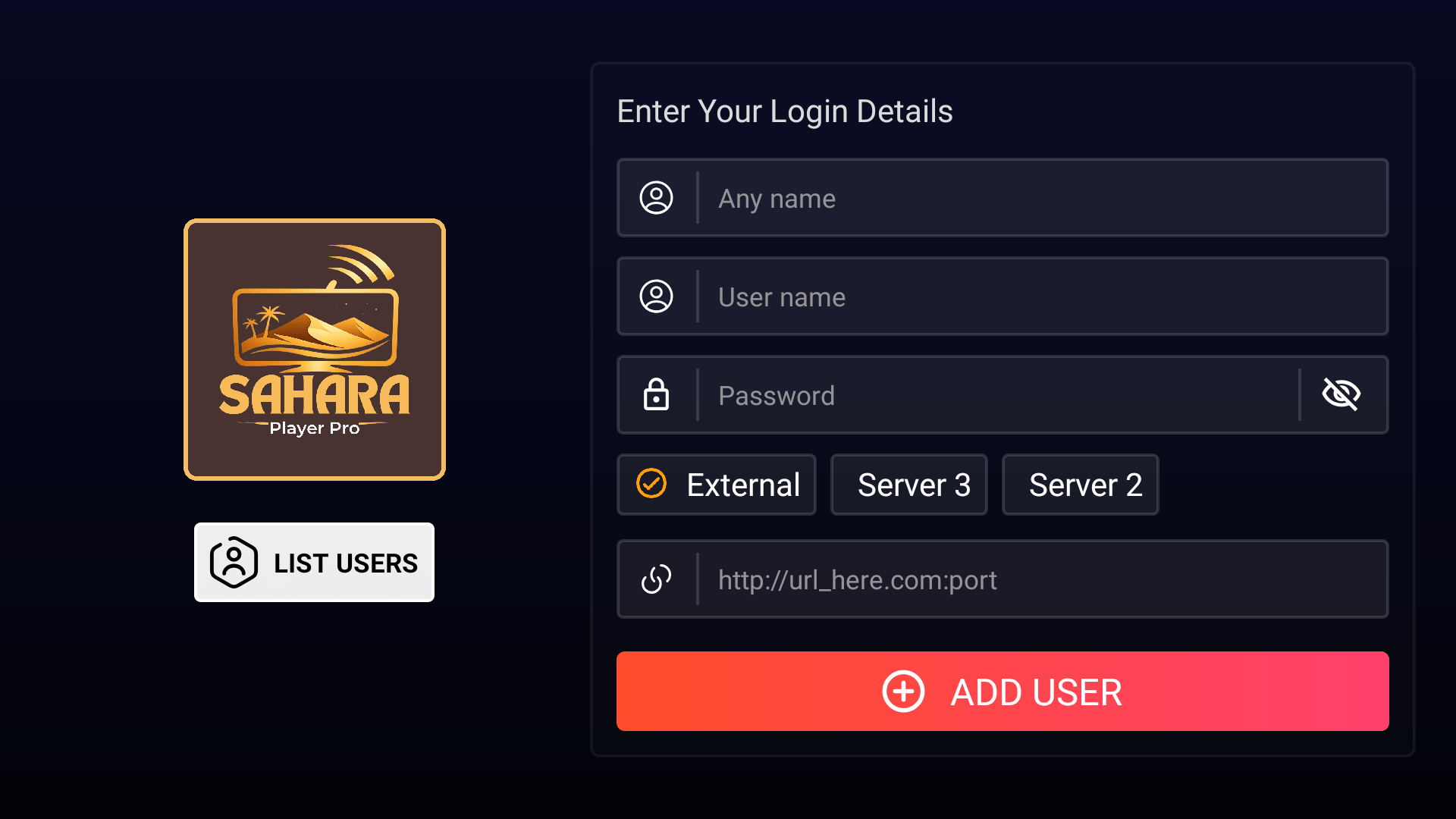 Sahara Player Pro login screen